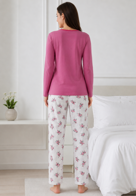 Pijama de damă cu bluză cu maneca lunga și pantaloni - Roz pudra, Engros